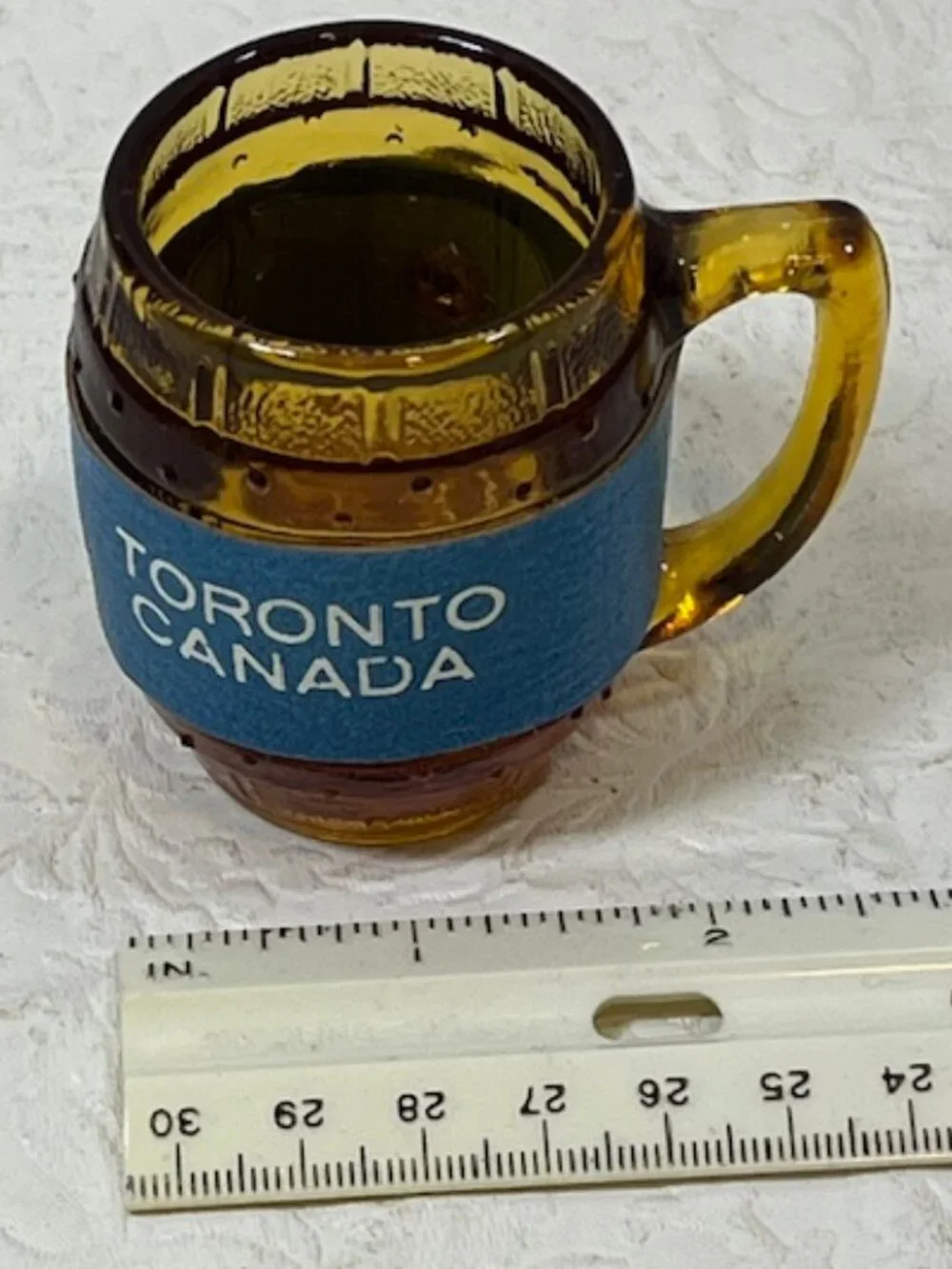 VTG Amber Glass Souvenir Toronto Canada Mini Mug Beer Barrel Blue Band 3